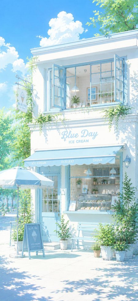 蓝白冰淇淋店绿植环绕清新唯美插画手机壁纸