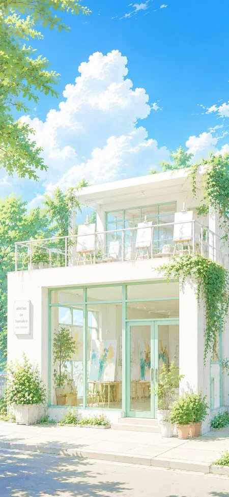 阳光画室绿植环绕蓝白清新插画手机壁纸