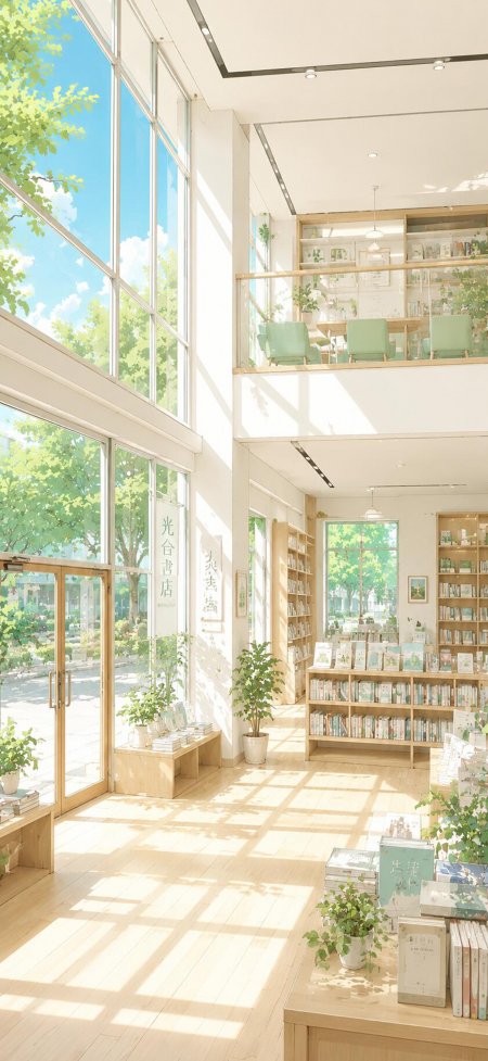 光合书店阳光洒落绿植环绕清新文艺风绘画插画手机壁