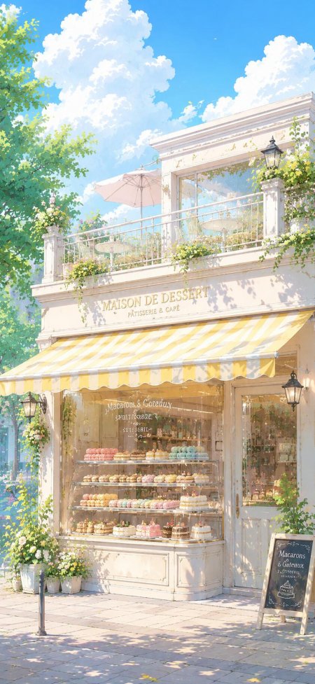 法式甜品店橱窗满陈列黄白条纹清新插画手机