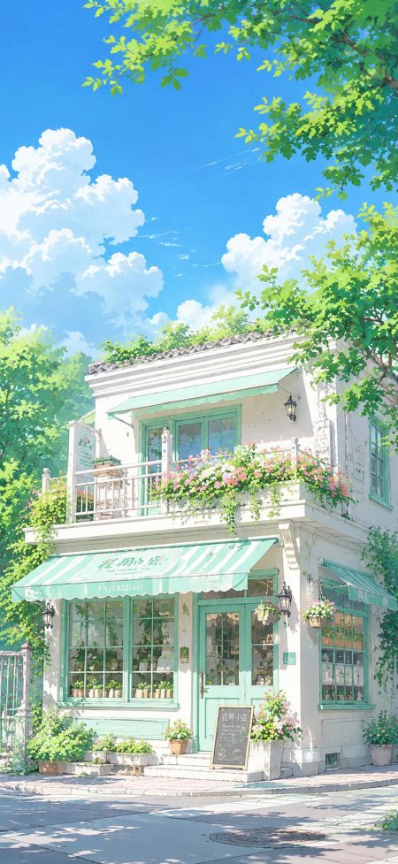 花间小店绿白条纹清新治愈风插画手机壁纸