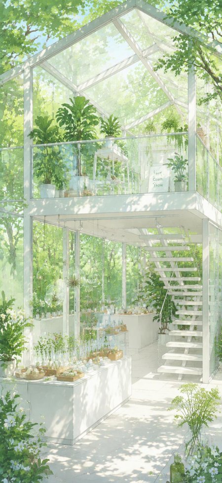 森林玻璃花房绿植环绕清新唯美风景插画手机壁纸