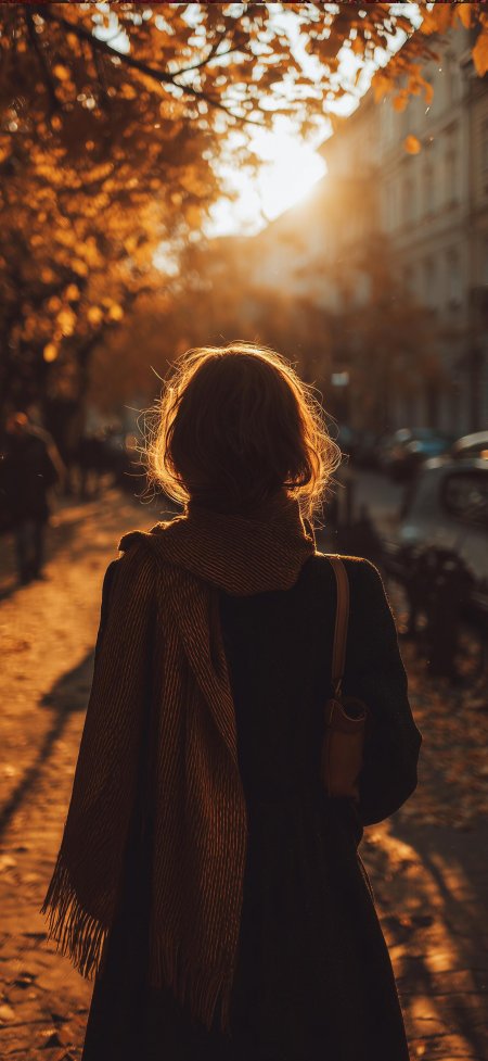 秋日街景背影女子暖金人文风土手机壁纸