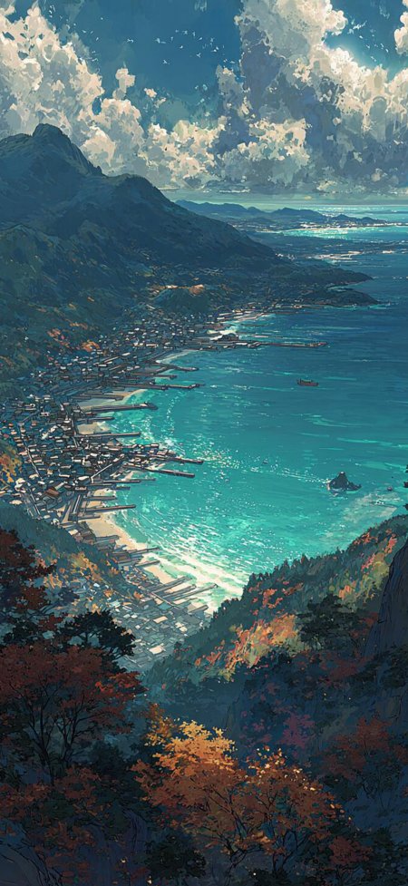 海岸小镇秋色山海蓝绿风景手机壁纸