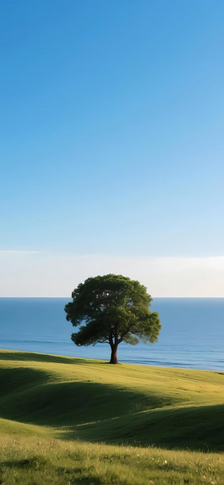 孤树临海绿野蓝天风景手机壁纸精选