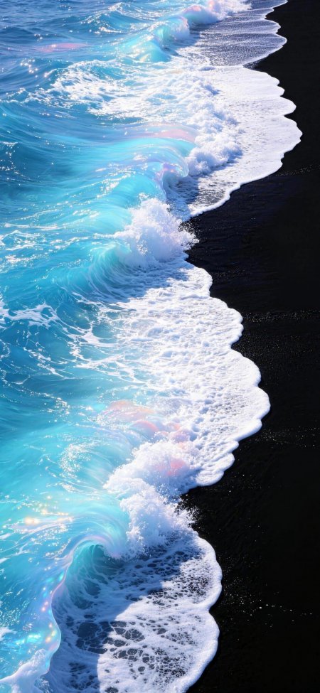 碧蓝海浪拍黑沙海岸蓝白风景手机壁纸
