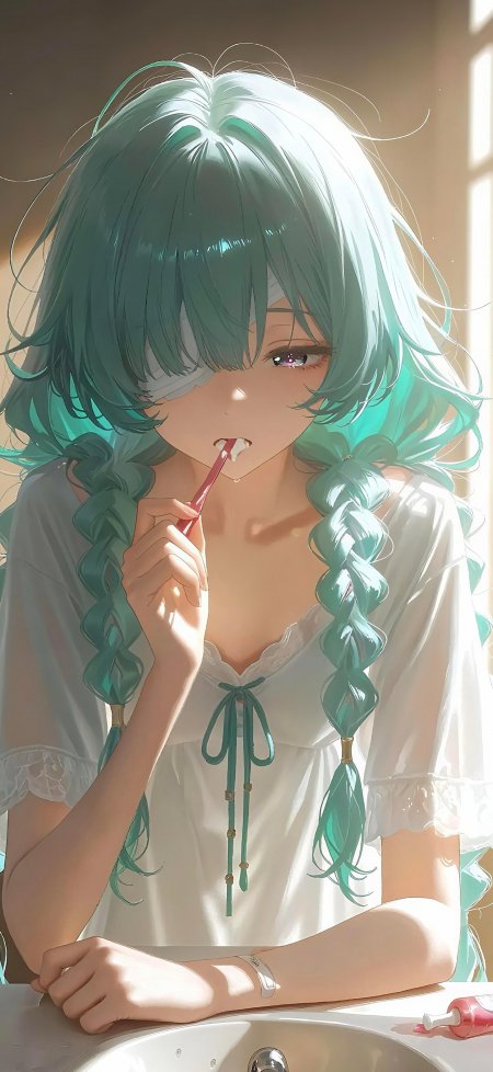 绿发双马尾少女刷牙晨光动漫手机壁纸