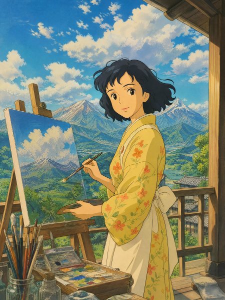 宫崎骏风格少女绘画山景黄花和服动漫手机壁