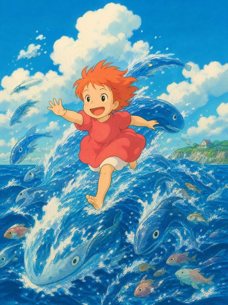 波妞红裙跃浪蓝海奇幻动漫手机壁纸