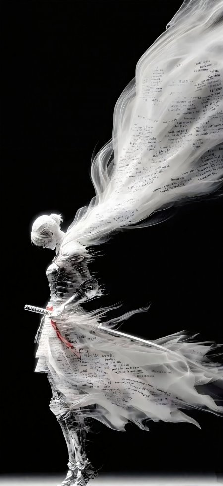 银发武士纸页飘散黑白奇幻动漫手机壁纸