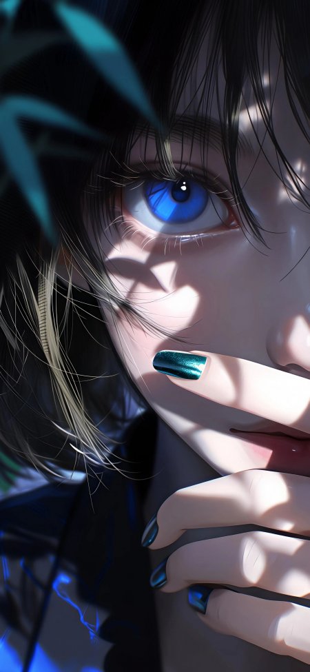 蓝眼少女黑发遮面青甲指尖动漫手机壁纸