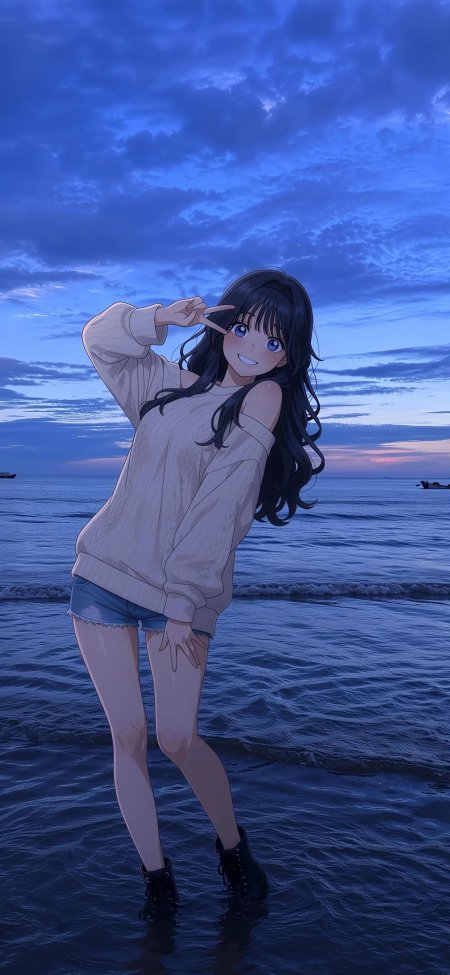 黑发蓝眼少女海边比耶蓝紫动漫手机壁纸