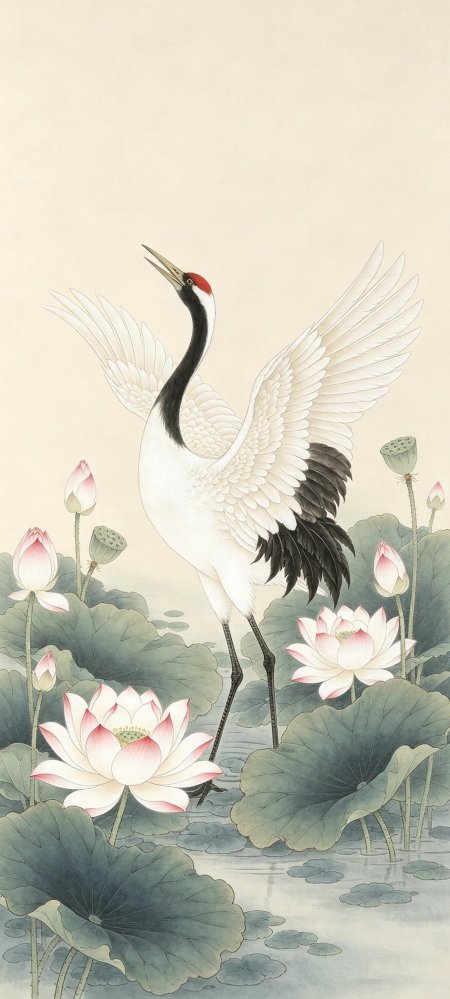 仙鹤展翅荷花池畔淡雅古风手机壁纸