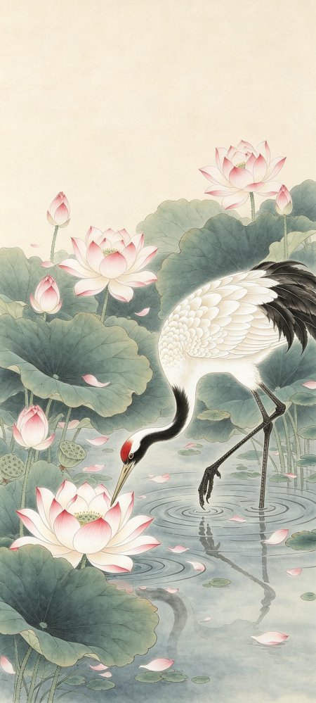 仙鹤莲池清雅淡绿古风手机壁纸精选