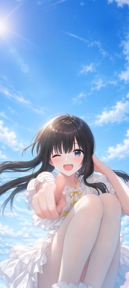 黑发蓝眼少女眨眼指镜头蓝白动漫手机壁纸