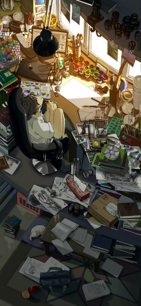 画室少女伏案创作暖金动漫手机壁纸