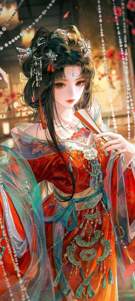 古风少女红衣青饰珠帘背景唯美插画手机壁纸