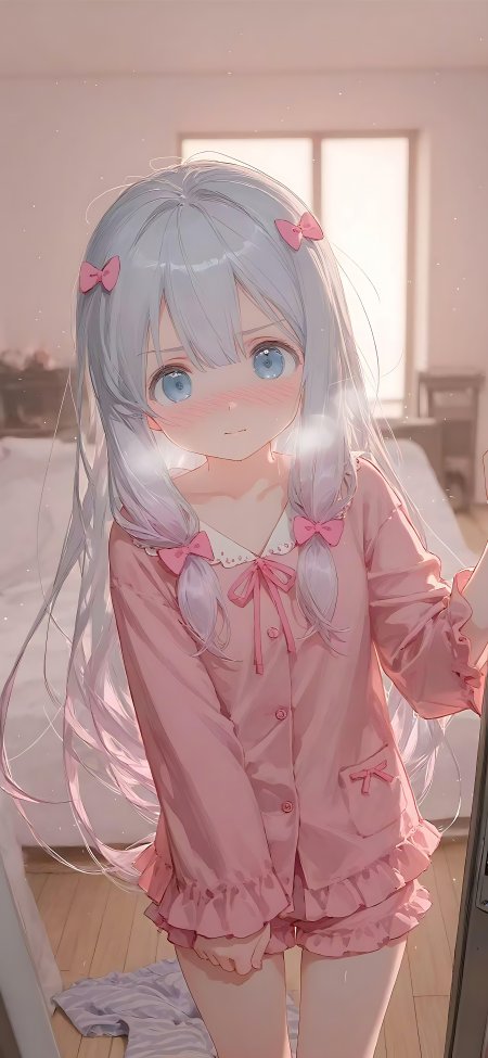 银发蓝眼粉裙少女柔光唯美动漫手机壁纸