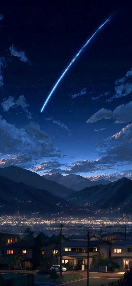流星划过夜空山城灯火蓝紫风景手机壁纸