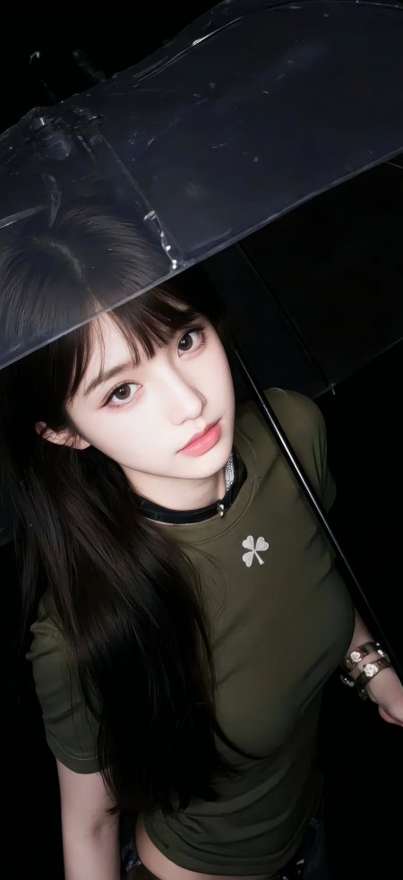 黑伞下长发少女军绿上衣暗调人物摄影手机壁