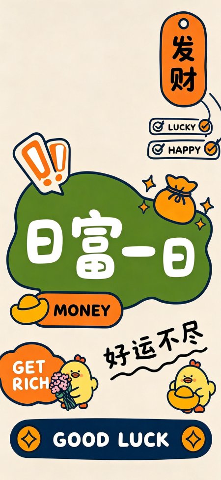 日富一日发财好运卡通橙绿创意手机壁纸