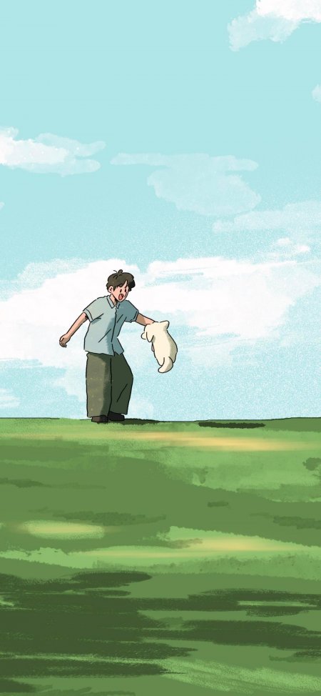 少年草地抛白狗青绿治愈插画手机壁纸