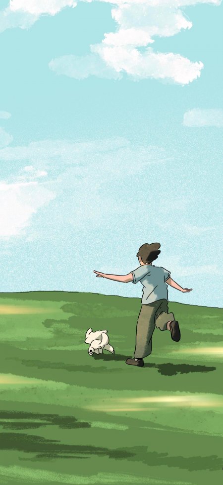 男孩奔跑追小白狗青绿田园插画手机壁纸