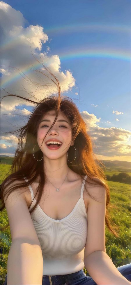 美女草原彩虹微笑暖金人物摄影手机壁纸