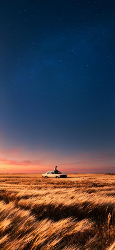 星空麦田白车少年蓝橙风景手机壁纸