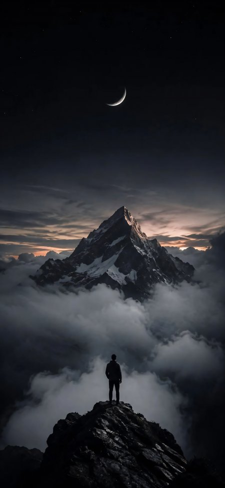 雪山云海孤影仰望新月暗蓝风景手机壁纸