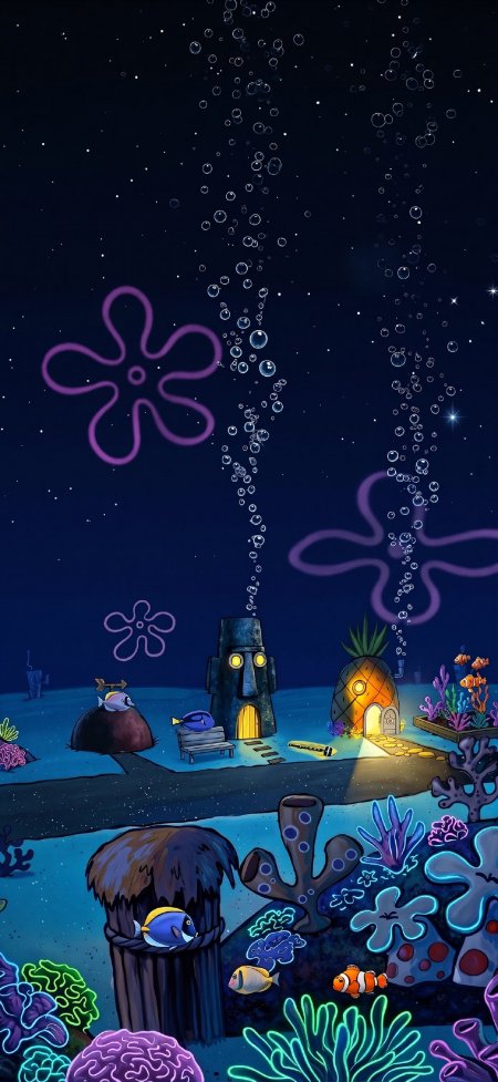 海绵宝宝比奇堡夜景深蓝梦幻动漫手机壁纸