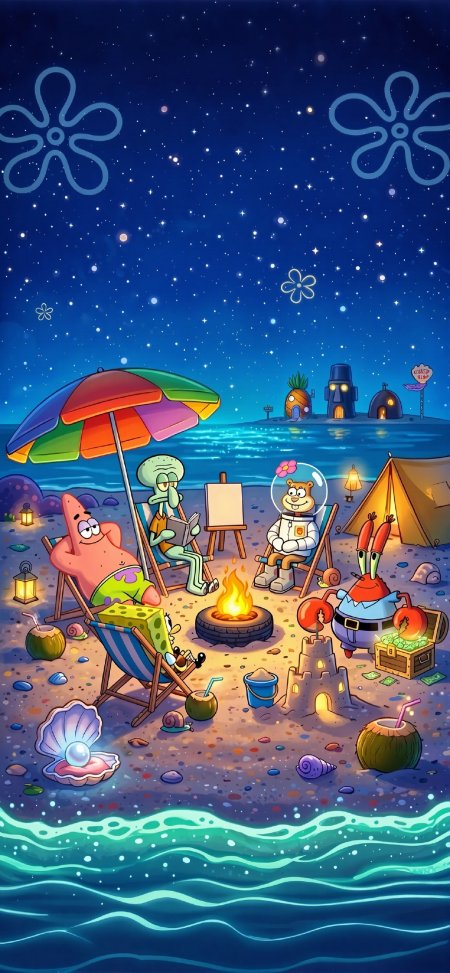 海绵宝宝派大星沙滩露营星空蓝紫动漫手机壁