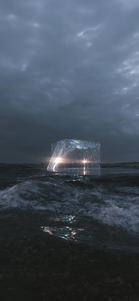 海面发光水晶立方体暗蓝奇幻手机壁纸
