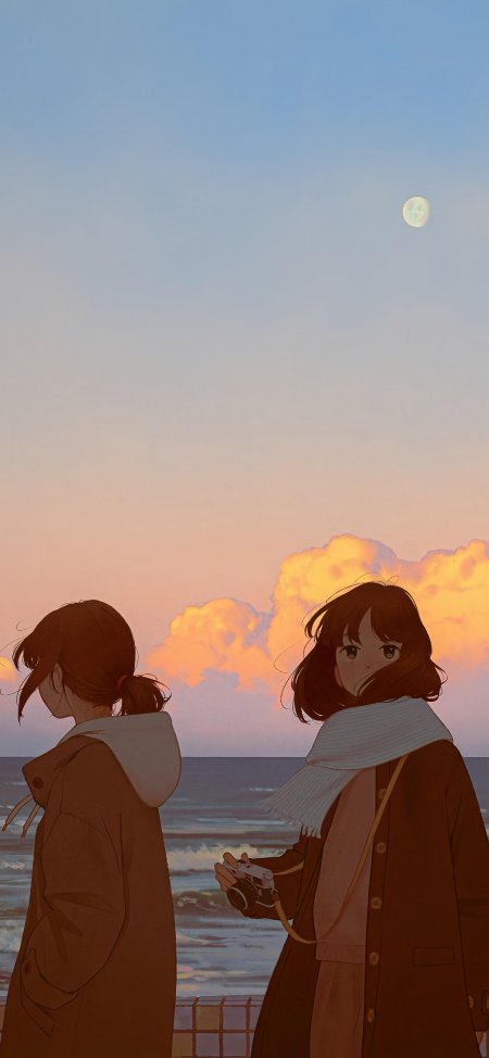 海边夕阳双少女回眸暖橙动漫手机壁纸