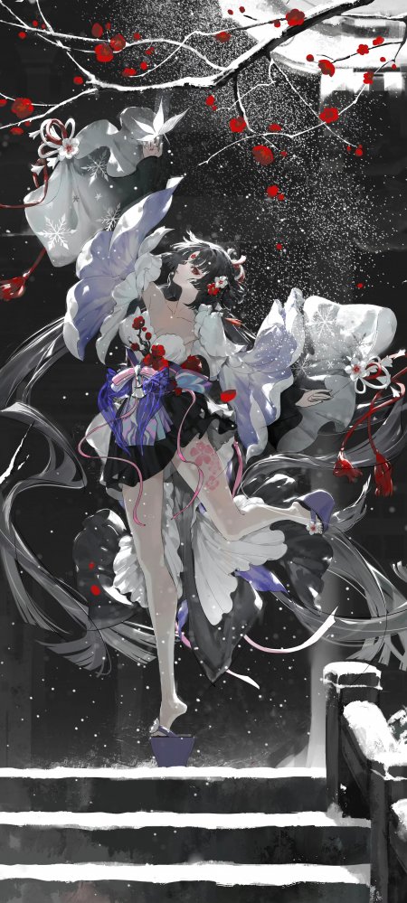 雪中红梅少女和风服饰粉紫动漫手机壁纸