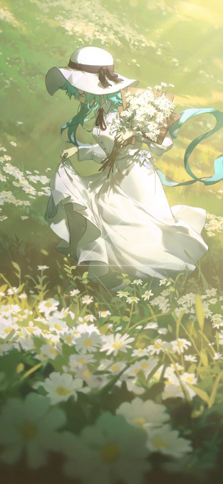 绿发少女持雏菊白裙田园清新动漫手机壁纸