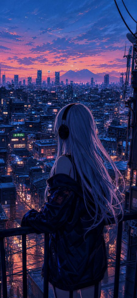 银发少女戴耳机眺望城市紫霞动漫手机壁纸