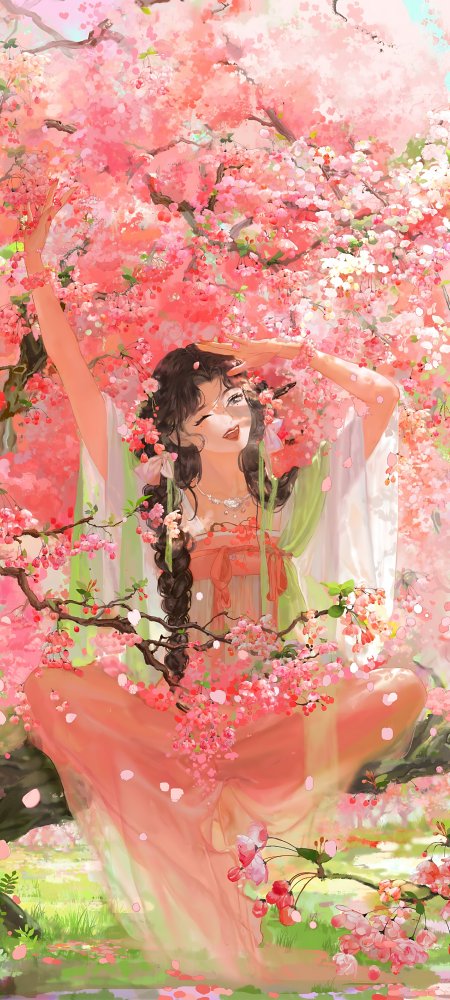古风少女樱花树下闭眼微笑粉绿唯美手机壁纸