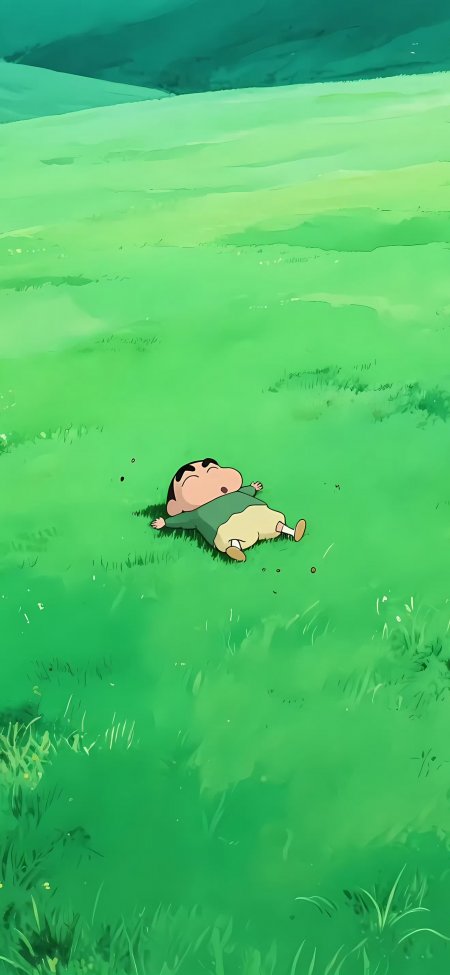 蜡笔小新躺草地青绿动漫手机壁纸