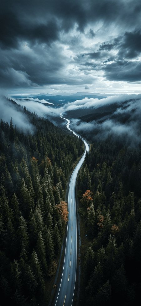 蜿蜒公路穿林雾海蓝灰风景手机壁纸