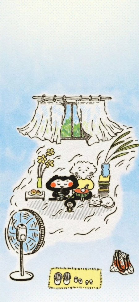 可爱卡通小熊一家居家纳凉蓝白温馨插画手机