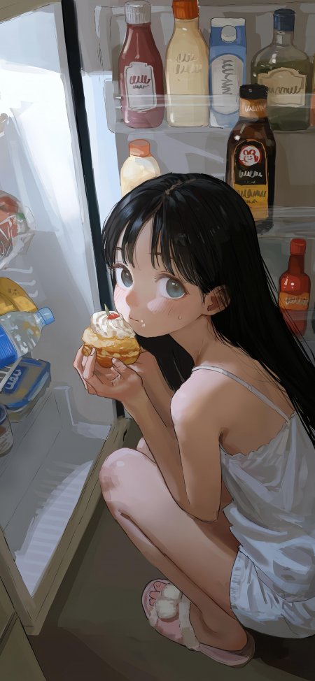 黑发少女蹲冰箱前吃甜点暖调动漫手机壁纸