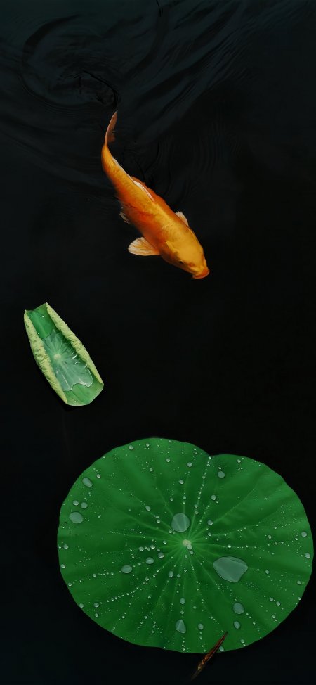 锦鲤游弋荷叶露珠墨绿静物手机壁纸