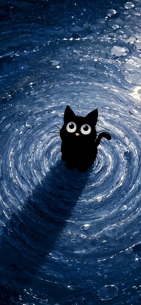 黑猫水中漩涡蓝白萌宠插画手机壁纸精选