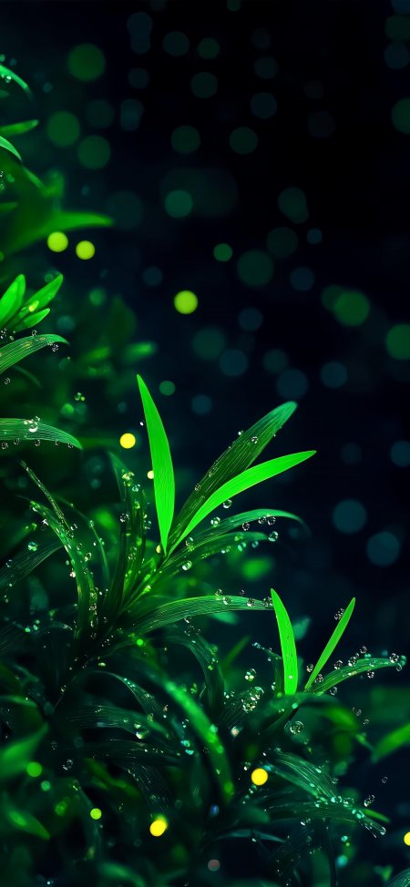 翠绿草叶水珠闪烁荧光绿植物手机壁纸
