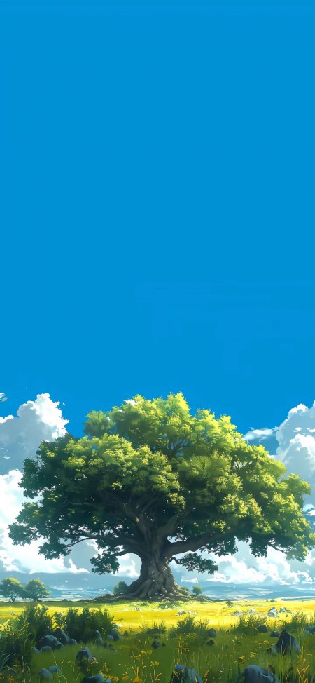 孤树矗立草原金黄蓝白风景插画手机壁纸