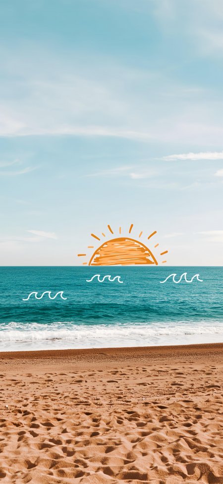 海滩日落手绘太阳蓝白风景手机壁纸