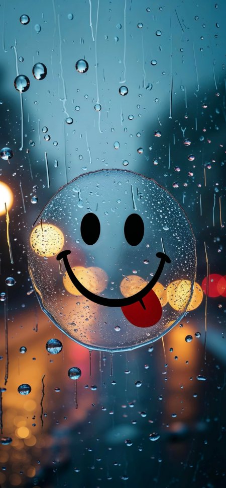 雨滴玻璃笑脸气泡暖黄蓝调创意手机壁纸
