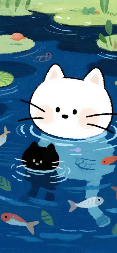 白猫黑猫池塘游鱼蓝绿插画手机壁纸