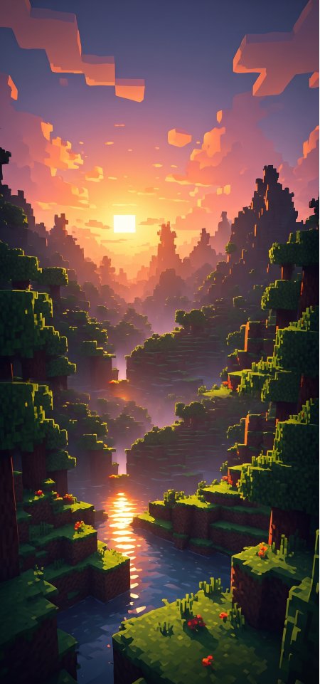 我的世界像素风峡谷日落橙紫风景手机壁纸